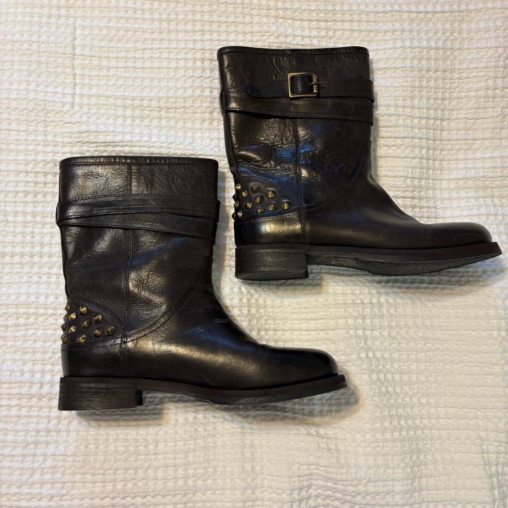 Boemos Italian Leather Studded Moto Biker Boots Brown EU 38 US 7.5